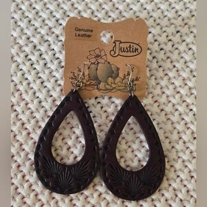 NEW Justin Leather Earrings Southwest Western Brown Embossed Teardrop Boho